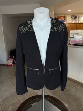 Simply Couture Black Jacket with Gold Embroidery and Zip Pockets